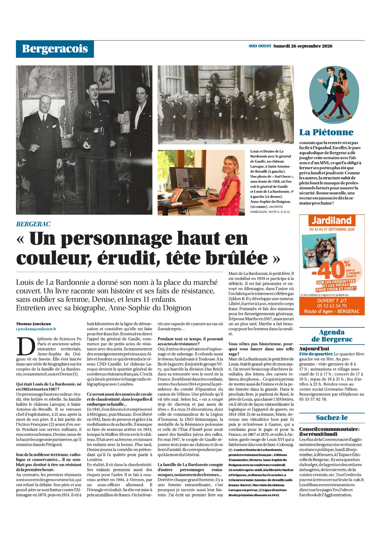 Article Sud Ouest du 26 septembre 2026 sur Louis et Denise de La Bardonnie